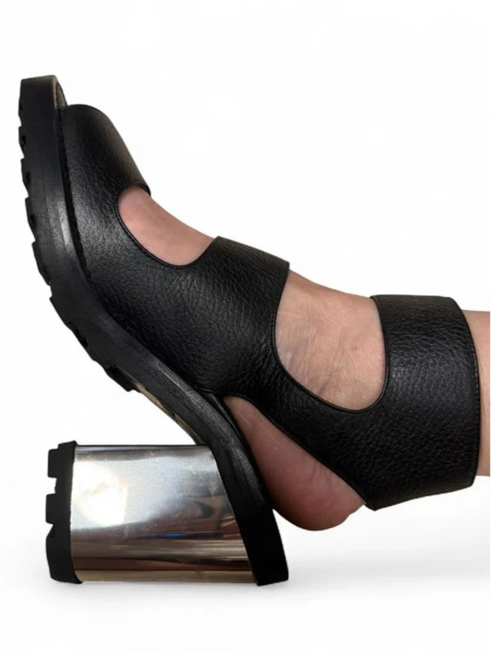 Platinum Heel Black Leather Sandals